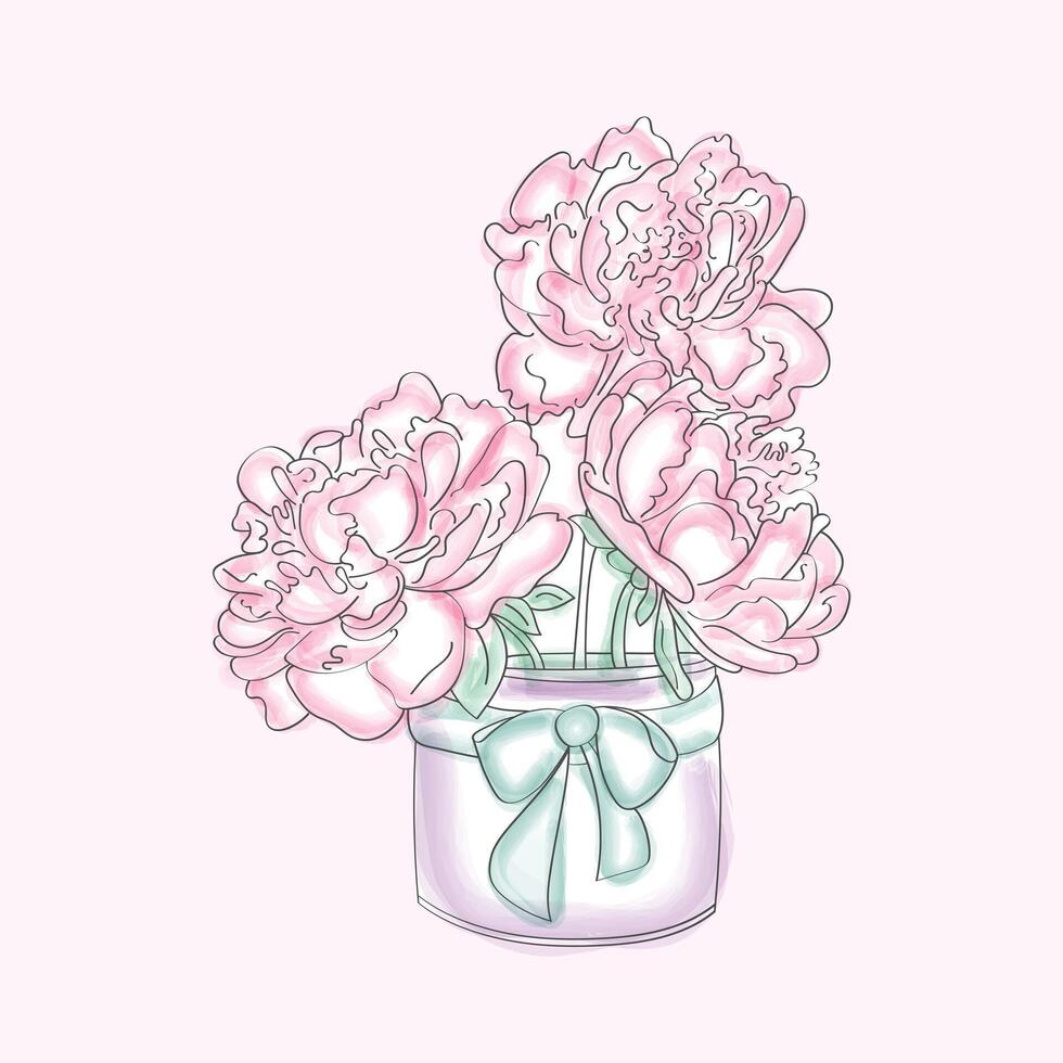 A detailed drawing of vibrant pink peonies in a clear glass vase, showcasing intricate hand-painted watercolor strokes vector