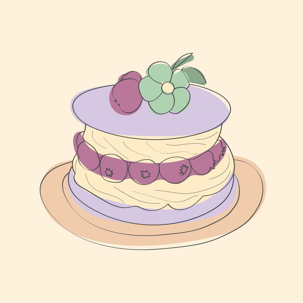 A hand-drawn illustration depicting a cake resting on a plate, showcasing intricate details and textures of the dessert vector