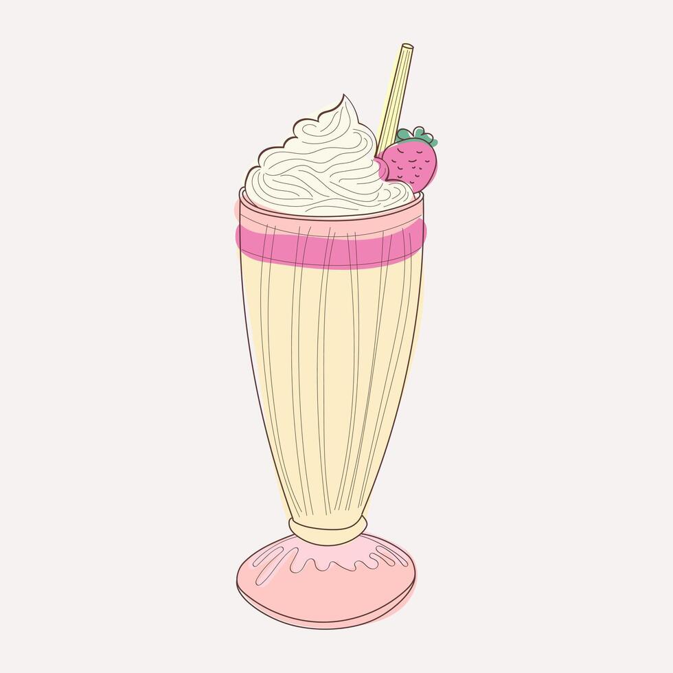 Milkshake topped with fluffy whipped cream and fresh strawberries. The illustration showcases the creamy texture of the shake and the vibrant red color of the berries vector