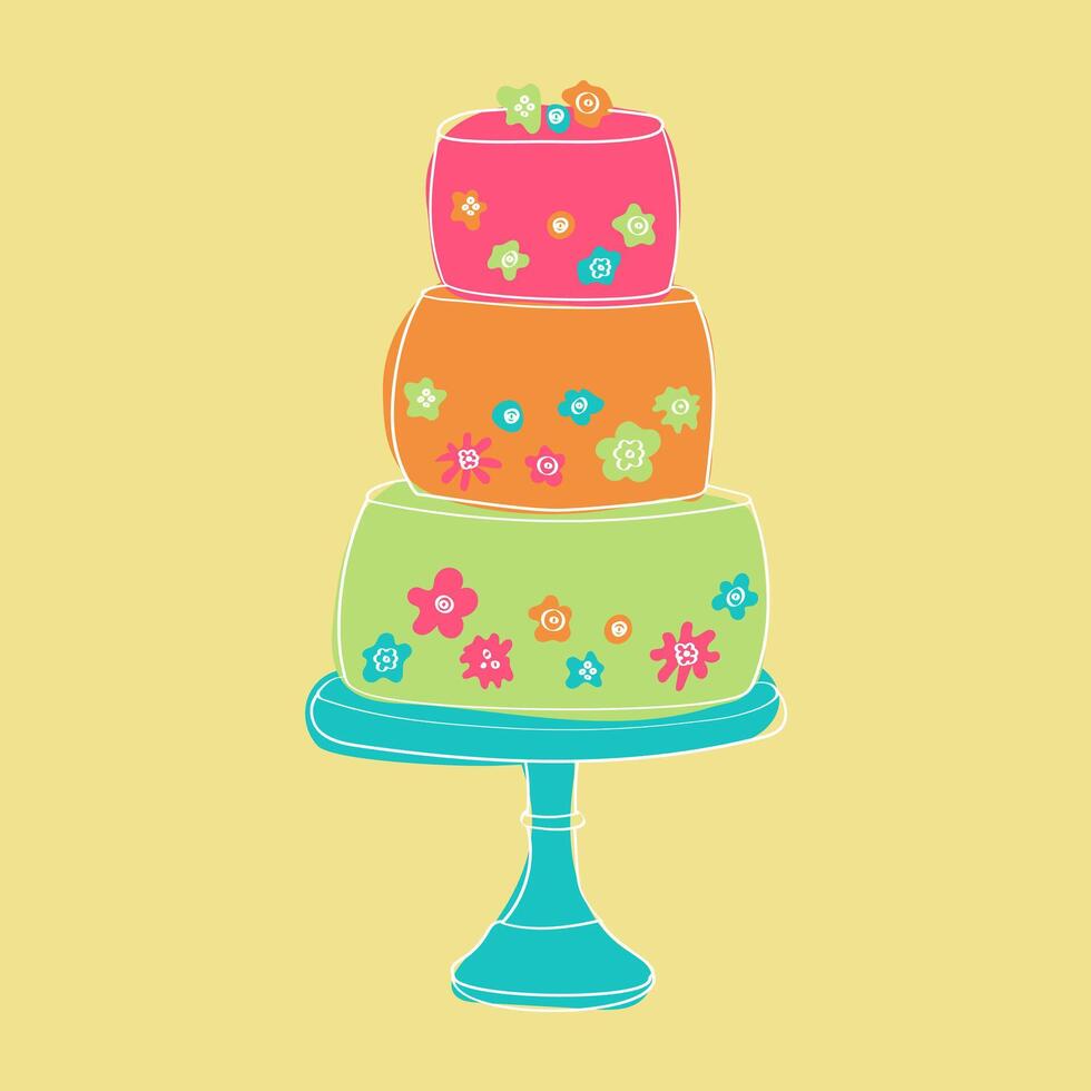 A three-tiered cake adorned with colorful flowers on each layer. The flowers are hand-painted in a doodle style, adding a whimsical touch to the cake design vector