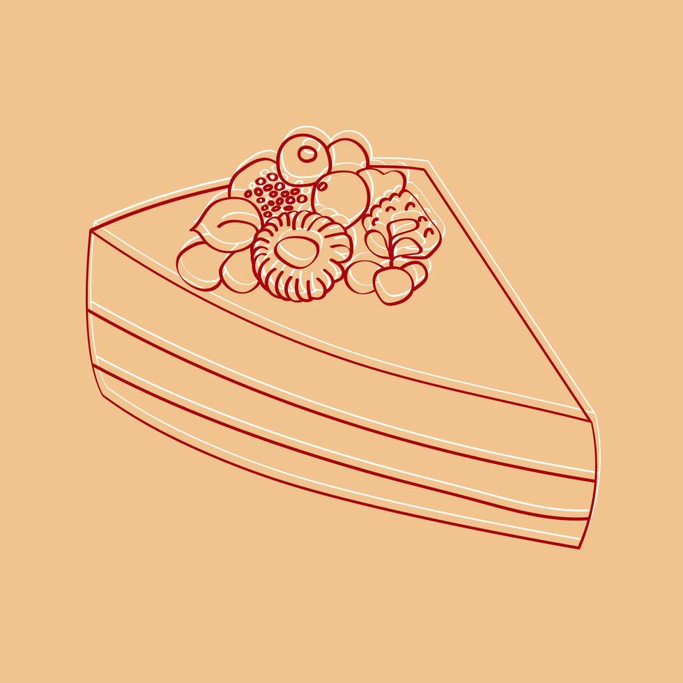 A hand-drawn illustration of a slice of cake with berries adorning the top. The cake is detailed with layers and frosting, while the berries add a touch of elegance to the sweet treat vector