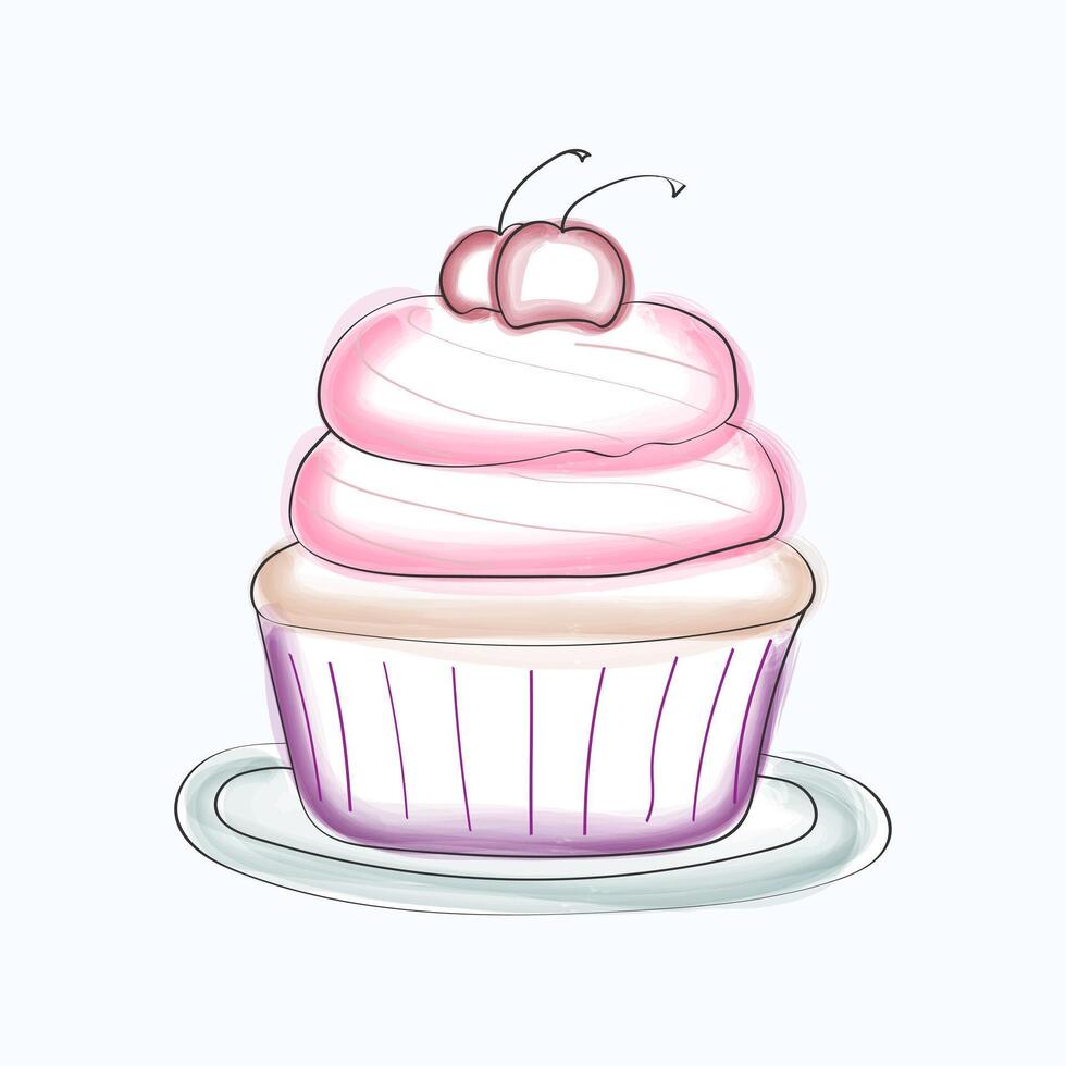 A delicious cupcake with pink frosting and a cherry on top is displayed on a white background. The cupcake is decorated with swirls of pink icing and a bright red cherry vector