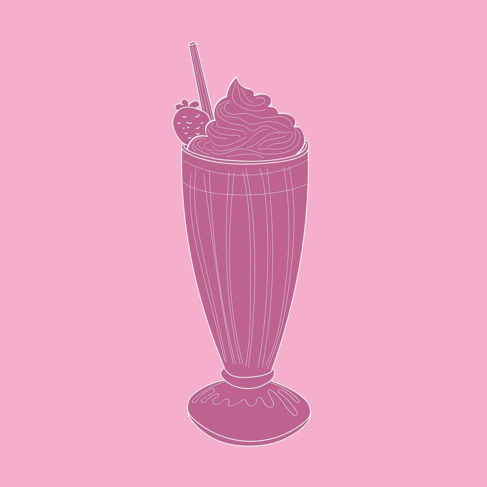 un dibujado a mano ilustración de un rosado batido, completar con un Paja y azotado crema, conjunto en contra un suave rosado antecedentes vector