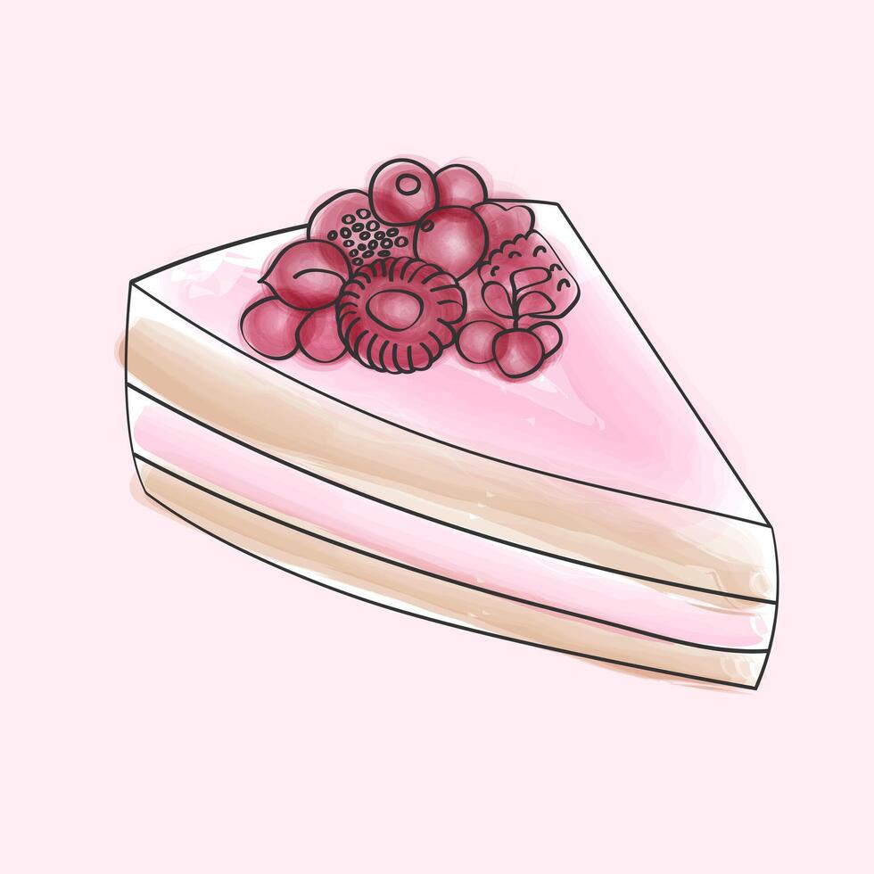 A piece of cake with smooth pink frosting and fresh berries on top, sitting on a plate. The cake is hand-painted with a doodle-style watercolor design vector