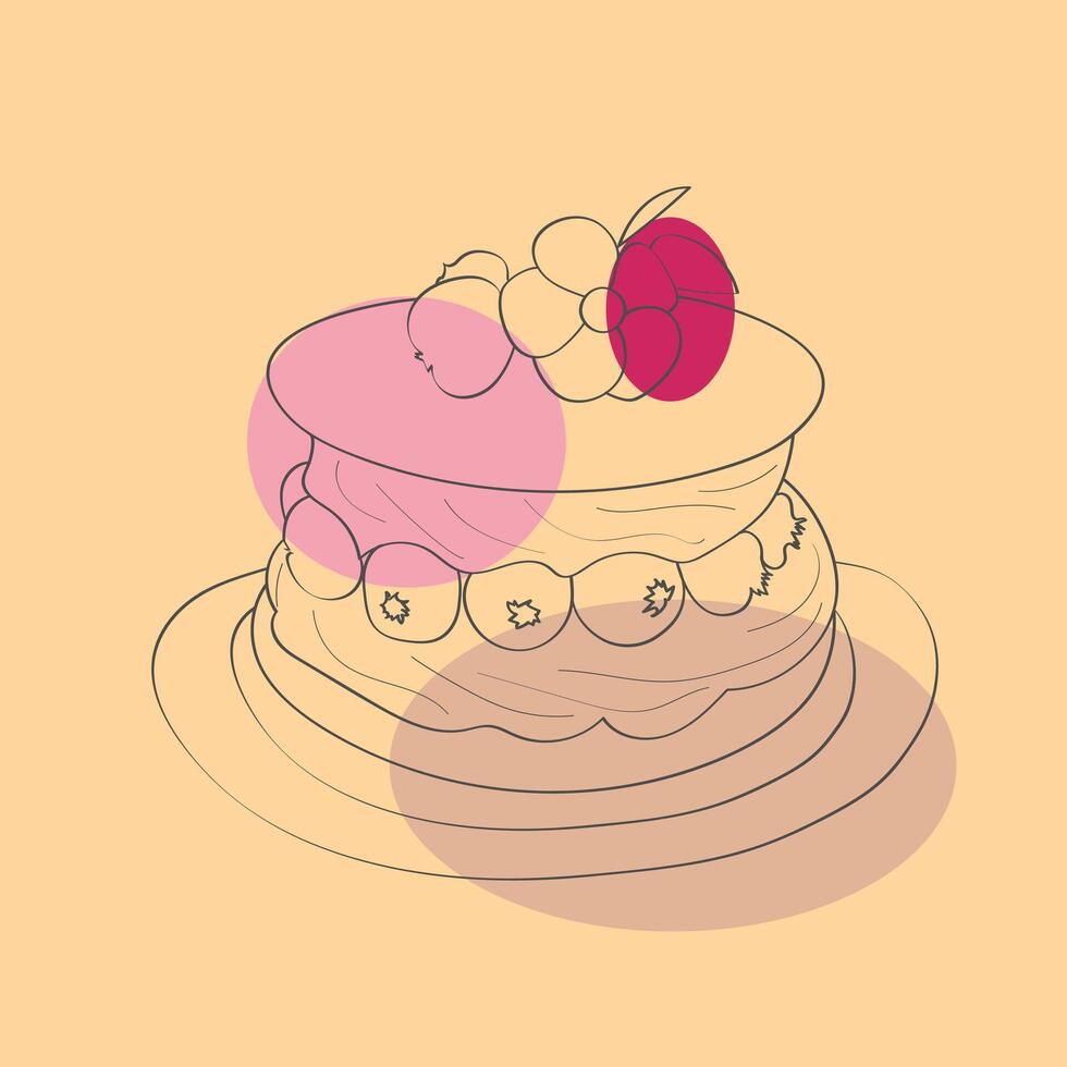 A hand-drawn illustration of a cake with icing swirls and a bright red cherry on top. The cake is displayed on a simple background, showcasing its colorful and appetizing appearance vector