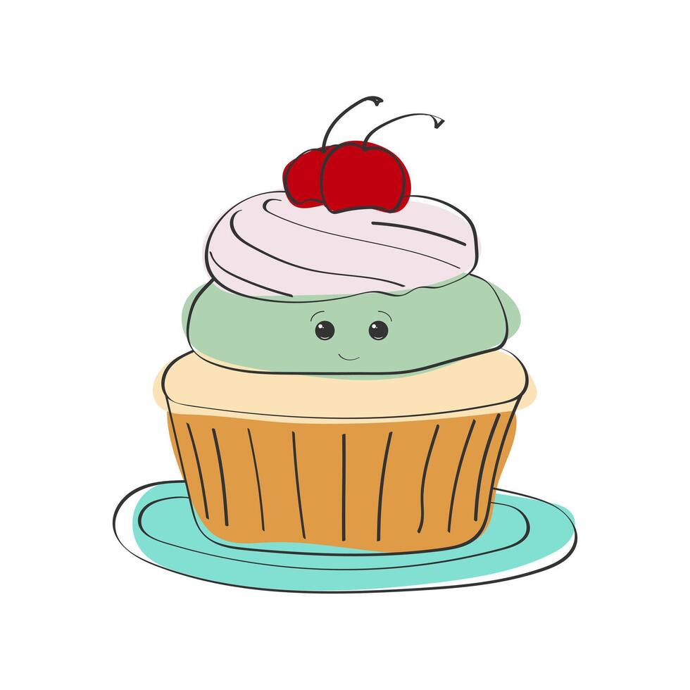 A delicious cupcake with a sweet cherry perched on top. The cupcake is adorned with colorful sprinkles and sits on a blue plate vector