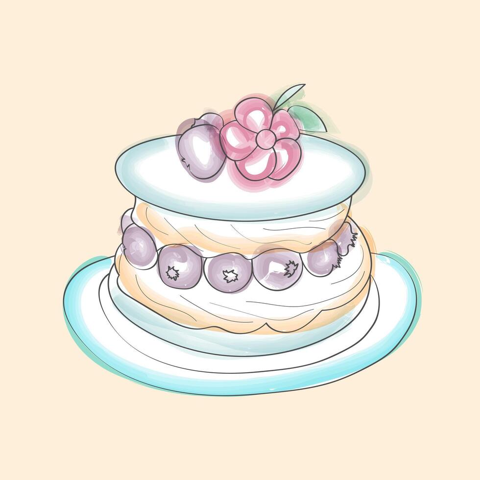 A hand-painted watercolor drawing of a three-layer cake topped with fresh berries. The berries add a pop of color and freshness to the delicious-looking dessert vector