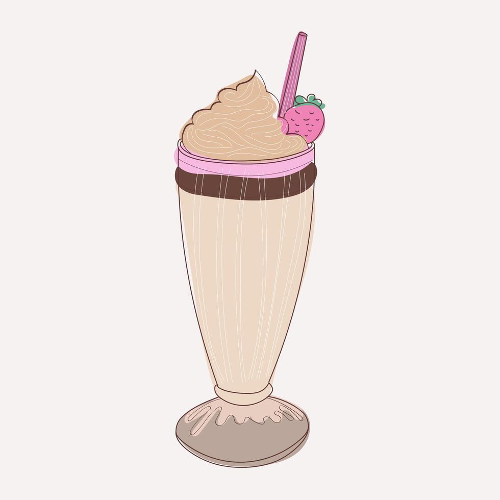 A hand-drawn illustration of a milkshake with a straw and a juicy red strawberry placed on top. The artwork showcases a creamy milkshake in a classic glass filled with a delicious treat vector