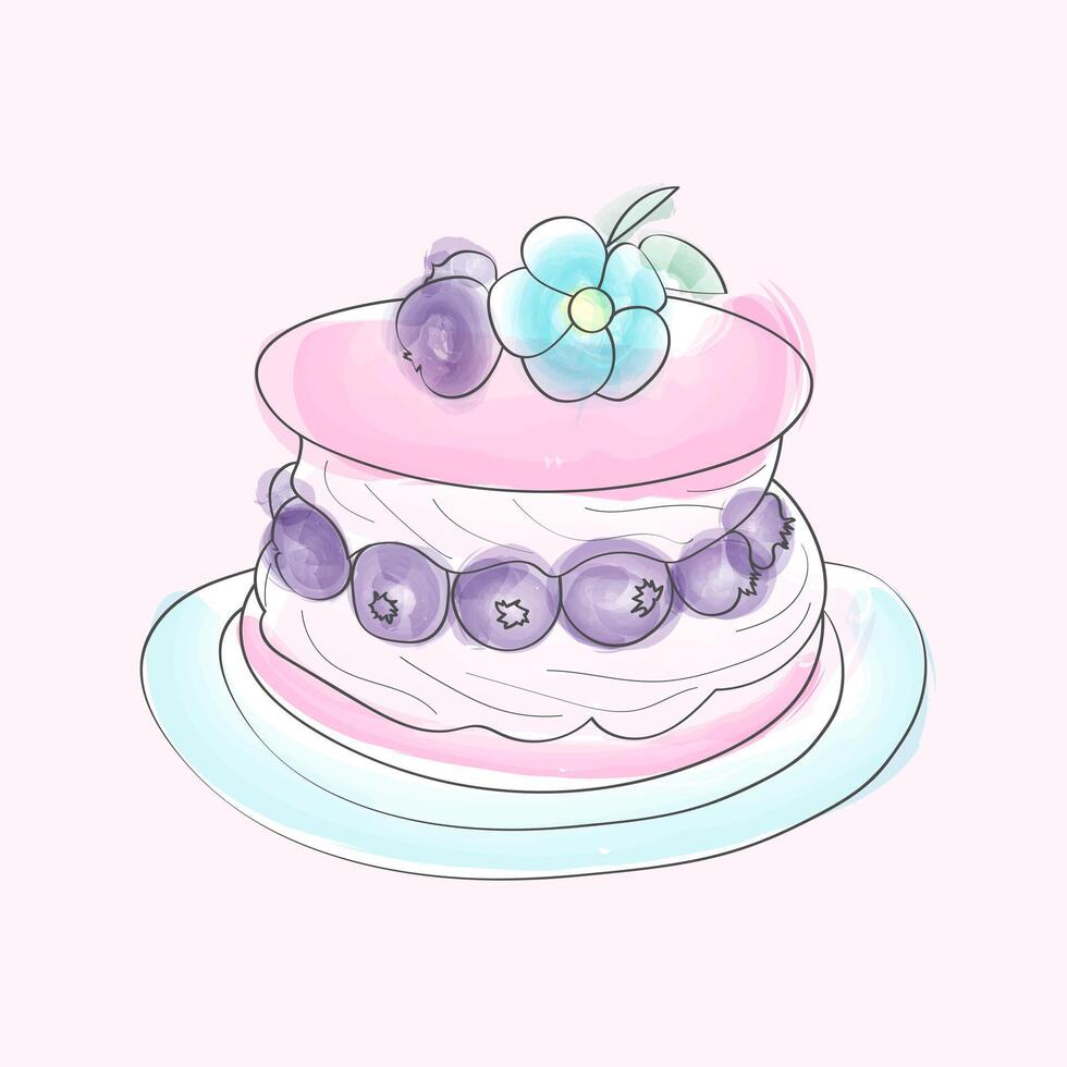 A hand-drawn watercolor illustration of a three-layer cake adorned with delicate flowers on top. The cake is intricately decorated, showcasing the layers and floral details vector