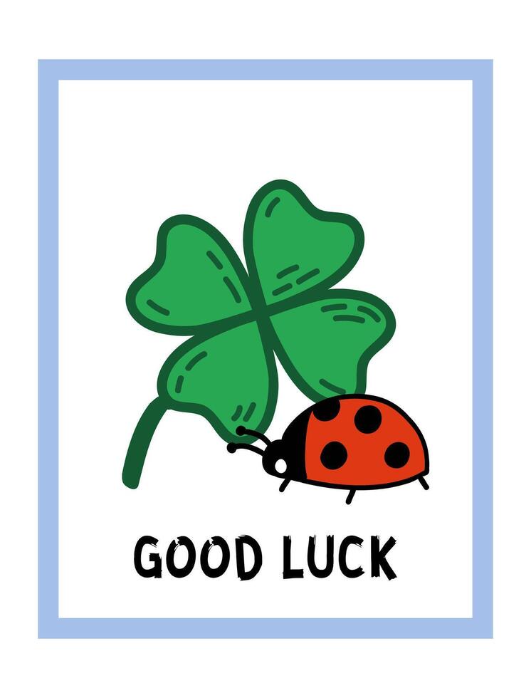 Good Luck Postcard Template with ladybug and four leaf clover. Talismans and amulets for luck doodle illustration vector
