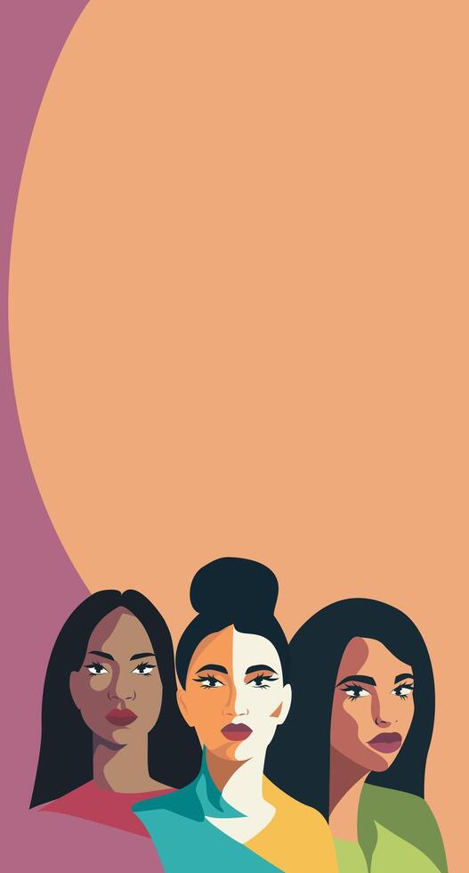 Banner place for text. A group of beautiful women of different beauty and skin color. The concept of woman, femininity, independence and equality. Women empowerment vector illustration