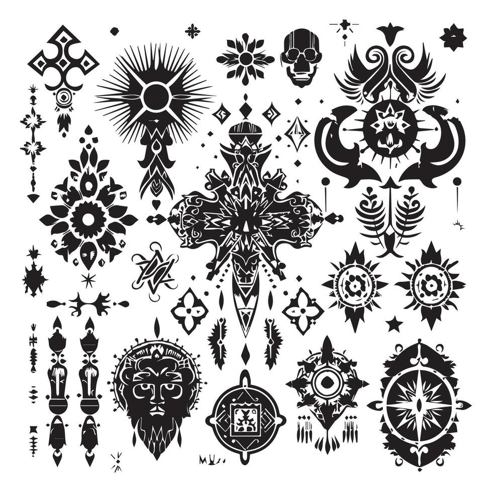 Vector large set of different black sketches silhouettes patterns Doodle sketch for tattoo vector flat