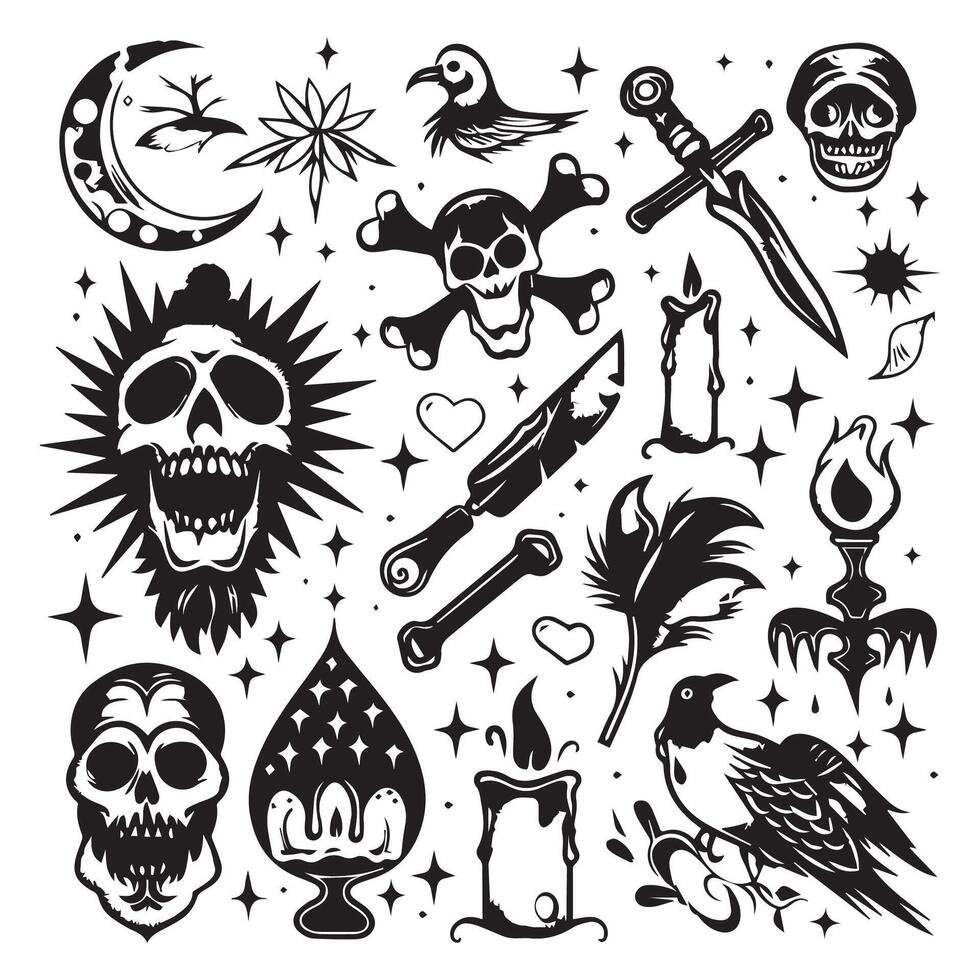 Vector large set of different black gothic silhouettes skull sword knife various punk rock Doodle sketch tattoo vector flat