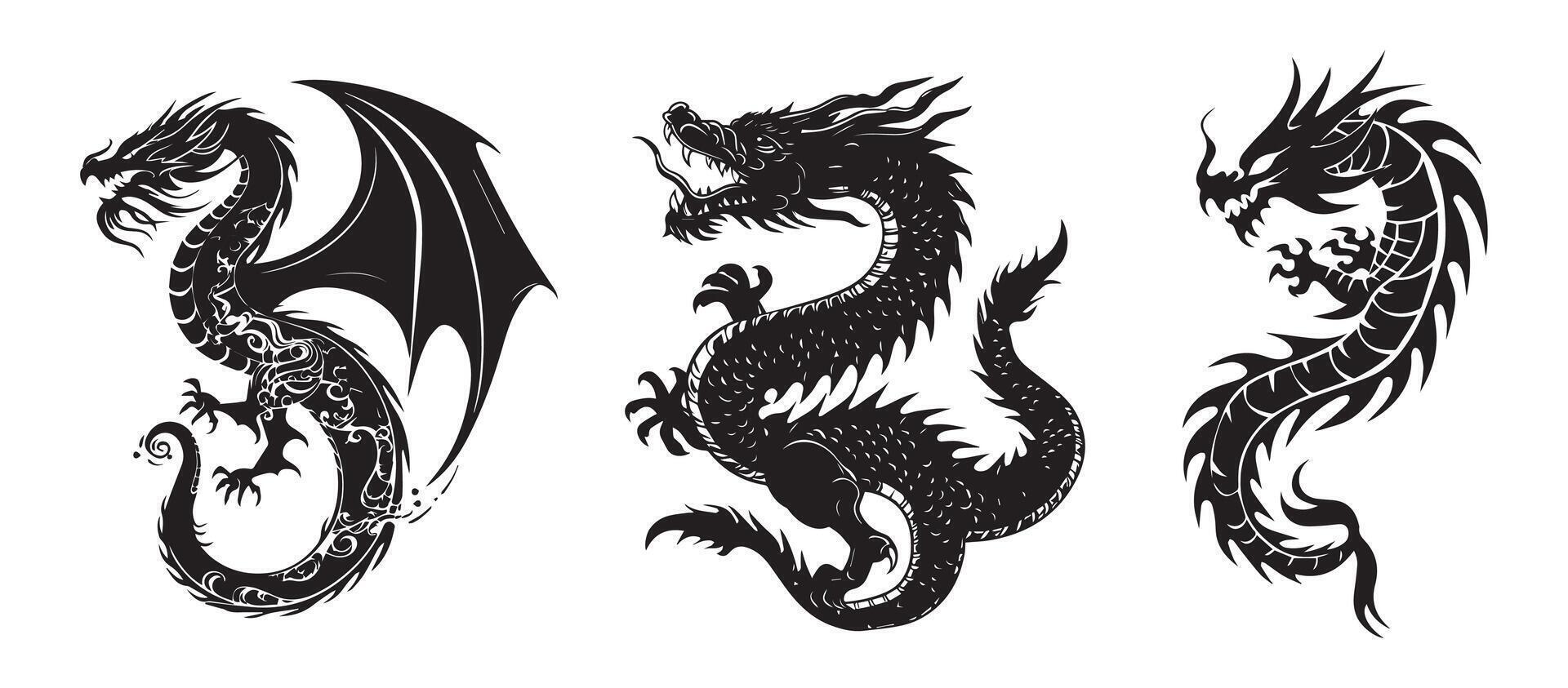 vector conjunto de Tres dragones garabatear bosquejo silueta tatuaje vector plano