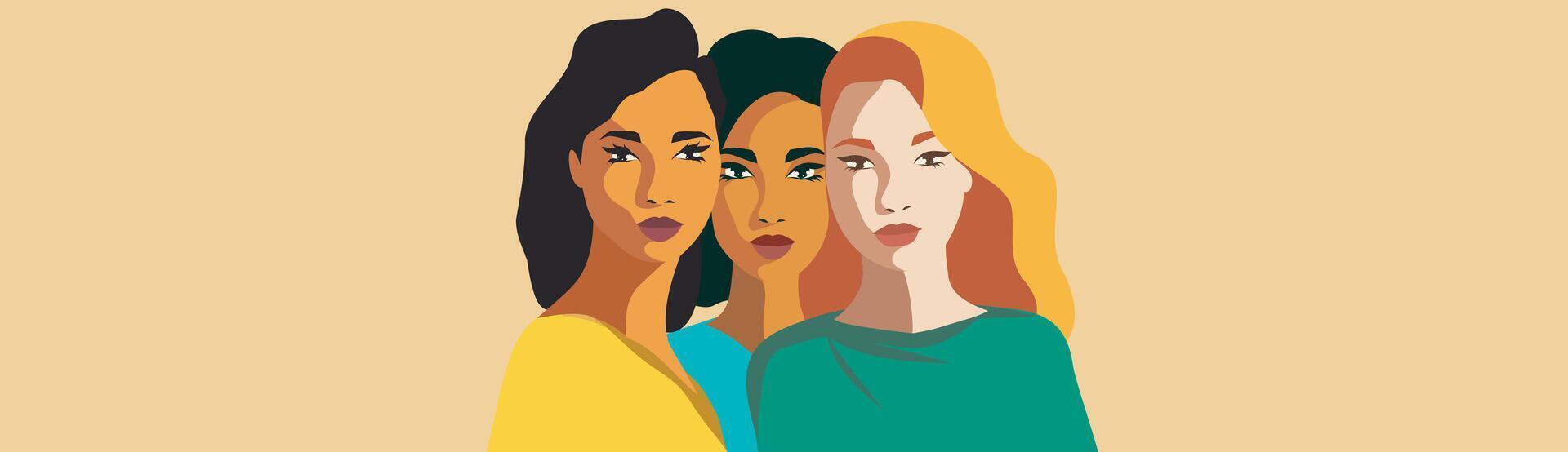 Vector banner Feminist women of different skin colors stand side by side on a light background. Concept of the movement for gender equality and protection of women's rights empowerment