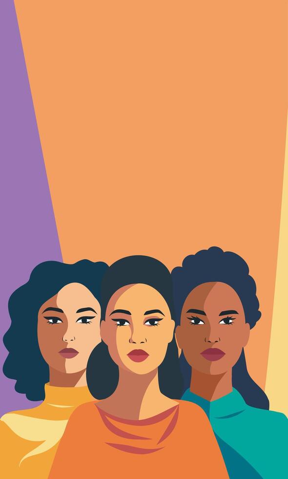 Vector vertical banner. Three feminist women from different cultures stand side by side. Concept of the movement for gender equality and protection of women's rights empowerment