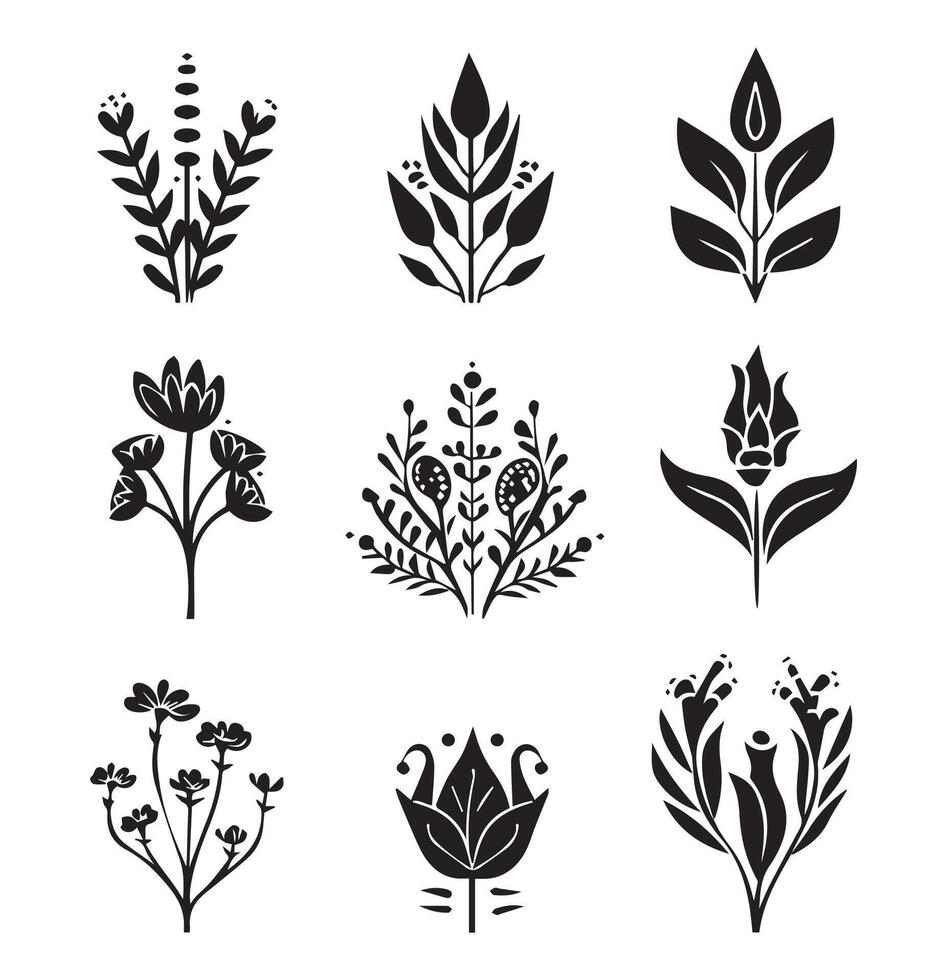 vector grande conjunto de diferente negro plantas y flores bocetos siluetas patrones garabatear bosquejo para tatuaje vector plano