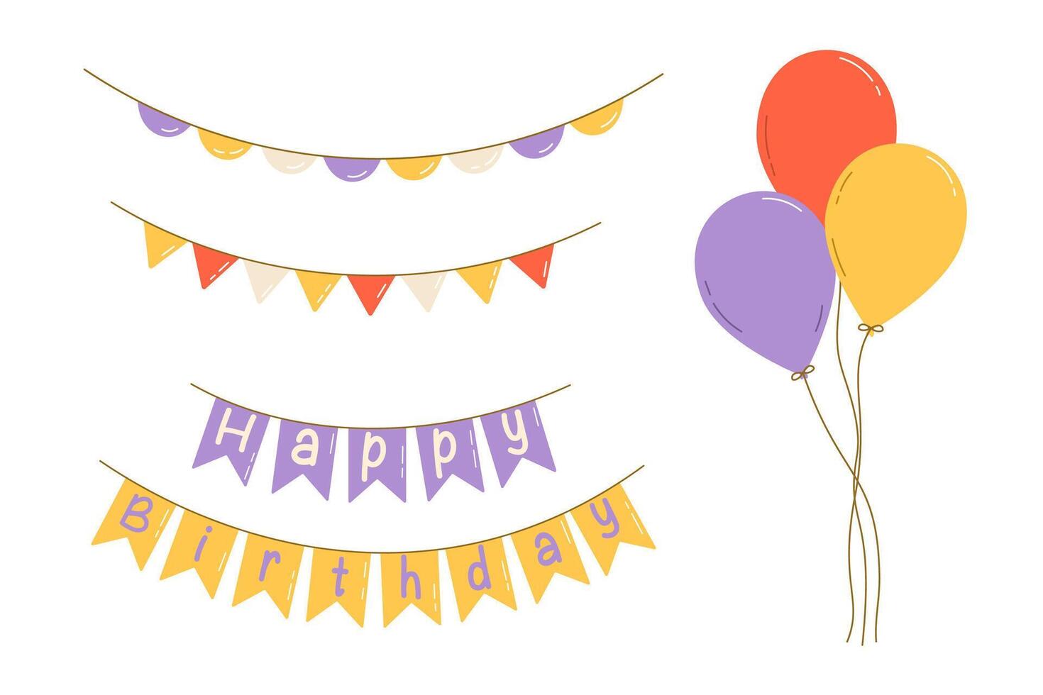 contento cumpleaños fiesta banderas con globos plano vector aislado ilustración