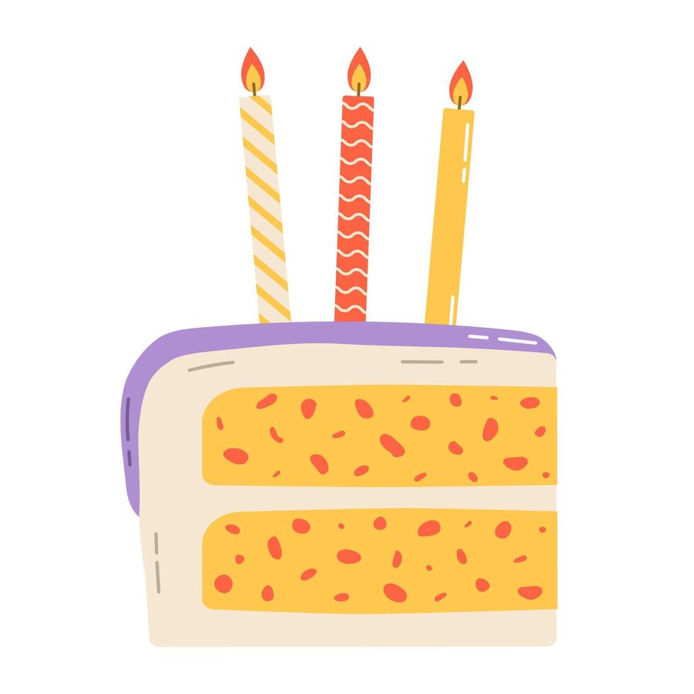 Piece of birthday cake with candles. Flat vector isolated illustration