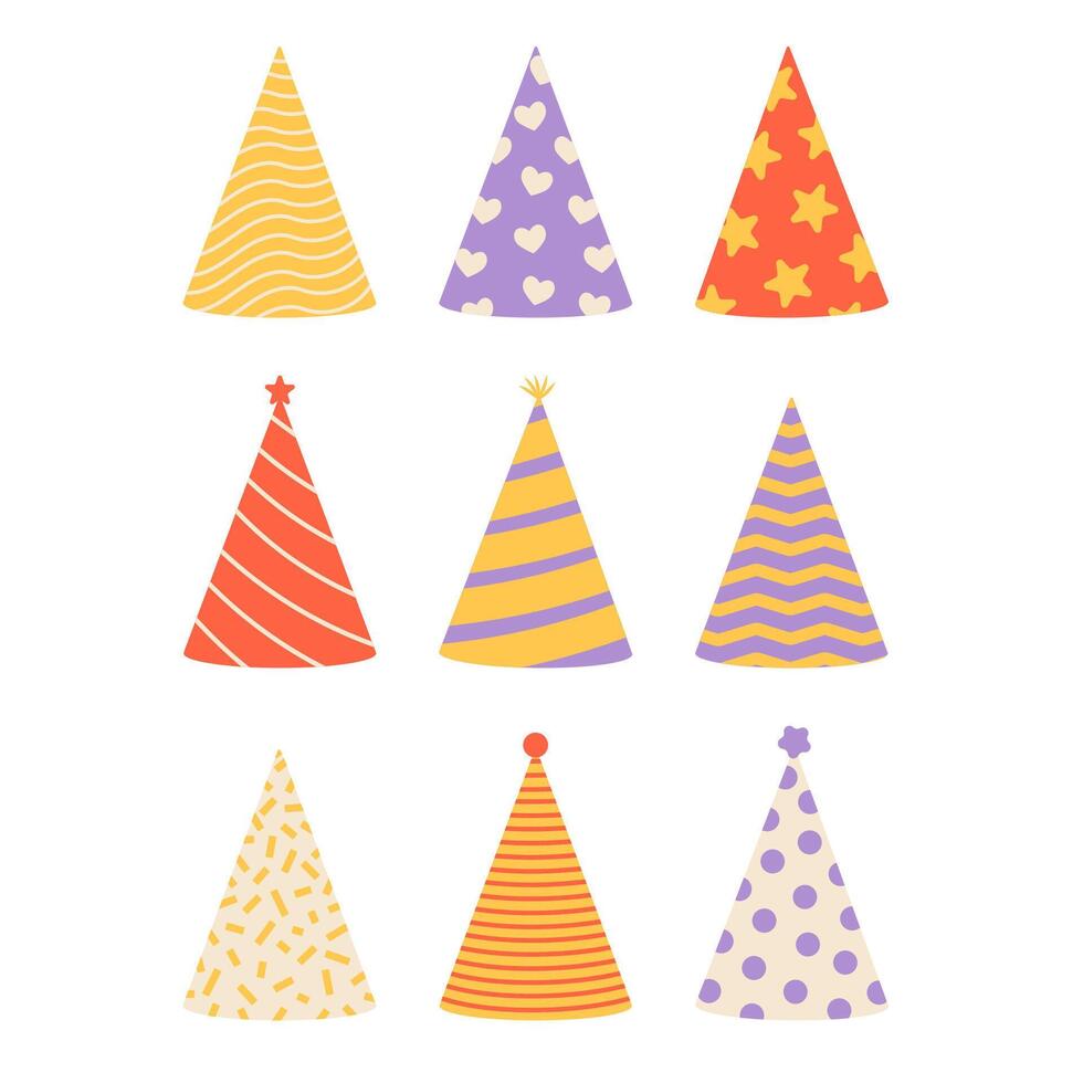 Set of birthday party hats. Flat vector isolated illustration