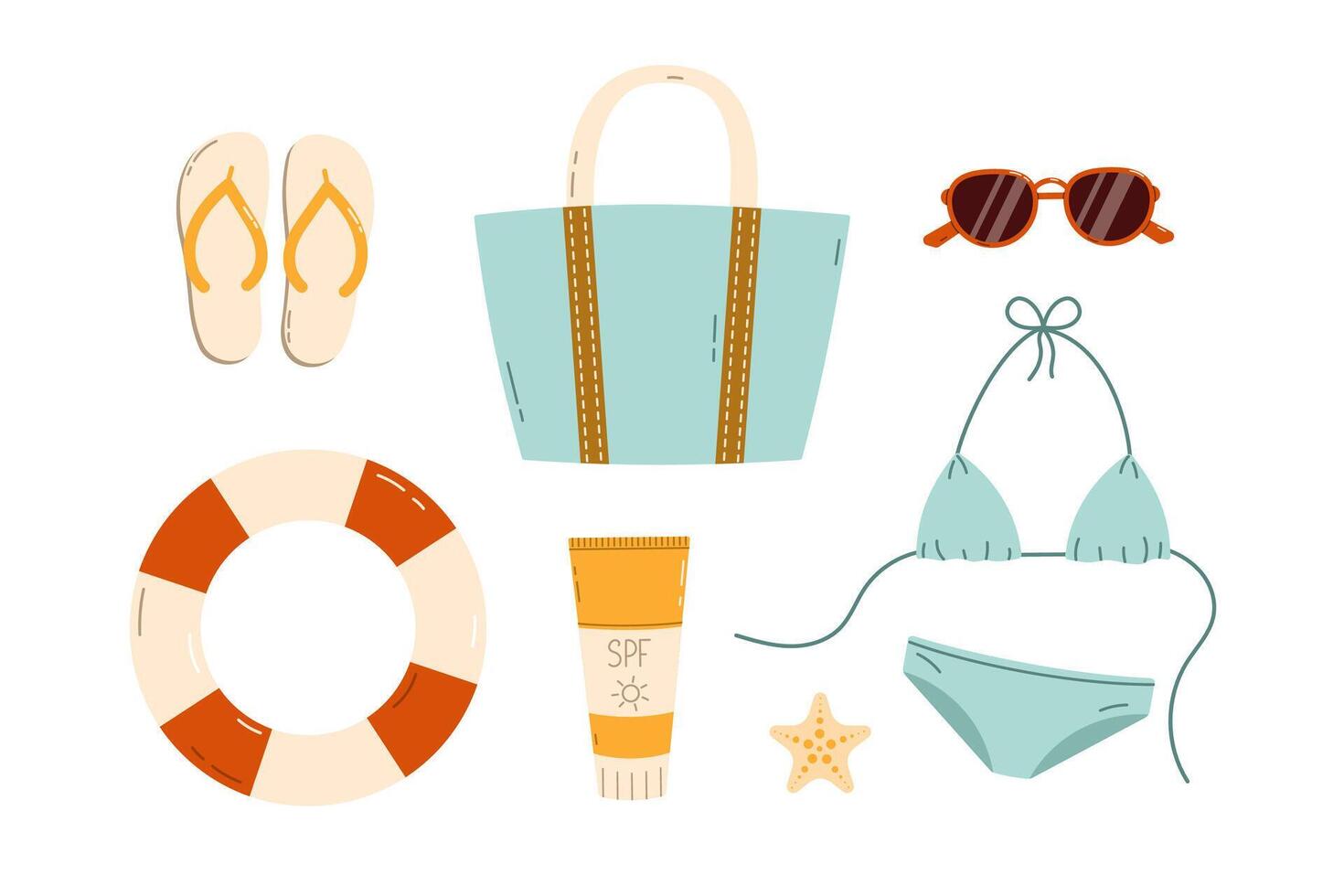 Set of beach accessories. Flat vector illustration isolated on white