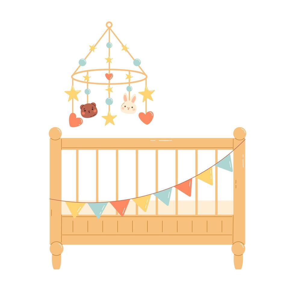 Baby crib with baby mobile rotating hanging toy. Flat vector illustration isolated on white background