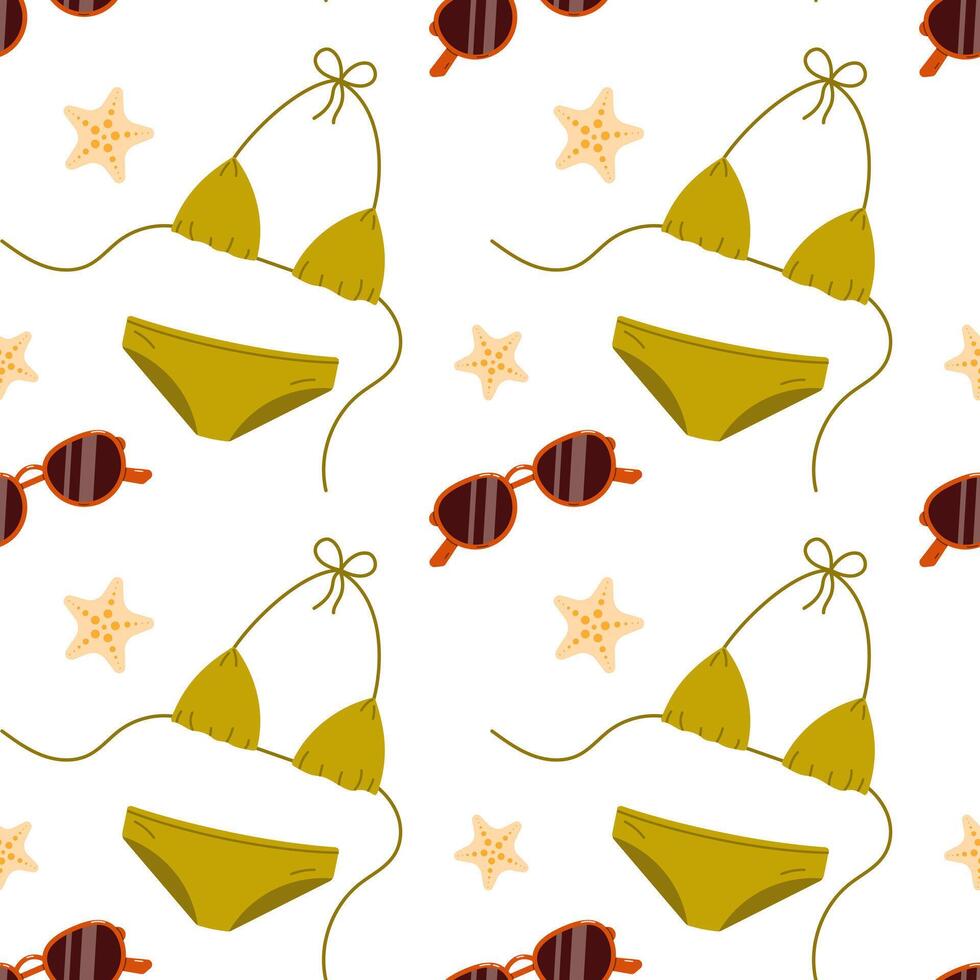 Summer seamless pattern with bikini and sunglasses. Vector illustration