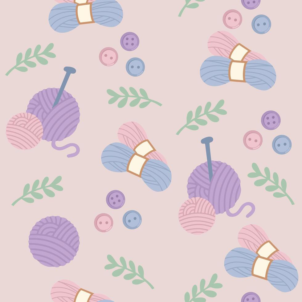 Hand drawn flat seamless pattern vector illustration of cute yarn knitting elements in pastel. For wallpaper, texture, background, gift wrap, print, background, textile, card