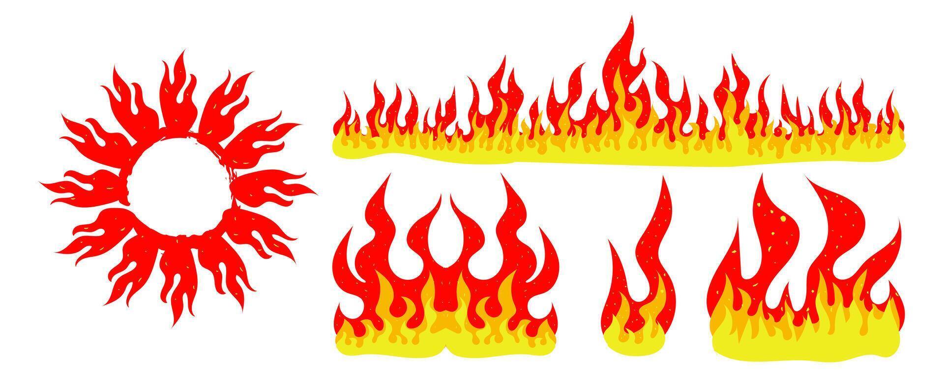 Set of fire cartoon illustrations, fire crowns, fire frames, fire elements, grunge fire. Vector illustration for collages, posters, banners.