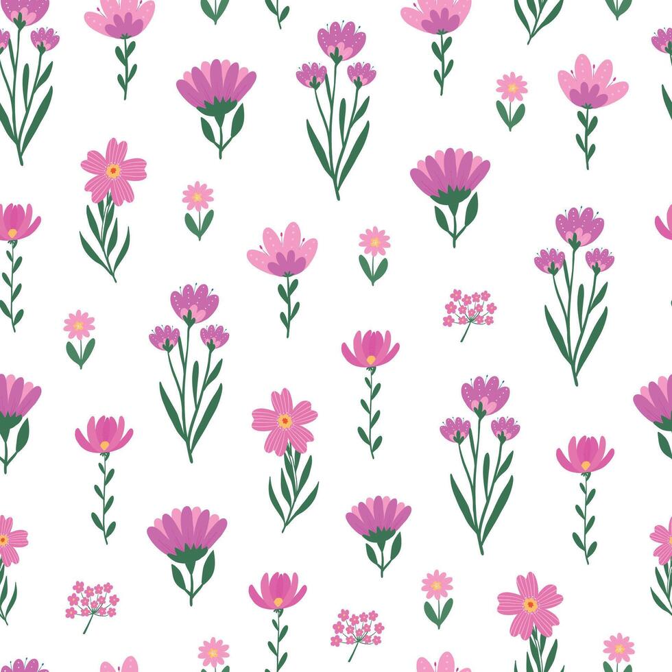 Floral seamless pattern with hand drawn pink wildflowers on white background for wallpaper, textile prints, bedding, wrapping paper, apparel, stationary, etc. EPS 10 vector