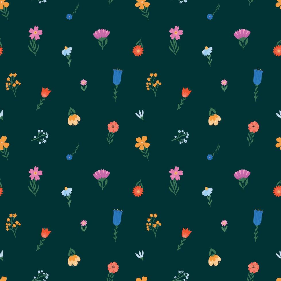 Spring wildflowers seamless pattern with hand drawn cartoon floral elements on dark green background for wallpaper, prints, wrapping paper, backgrounds, etc. EPS 10 vector