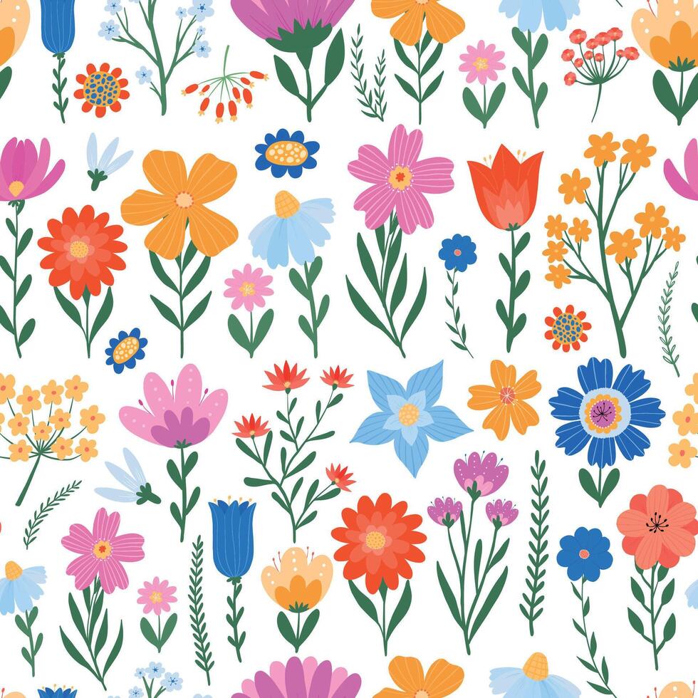 Spring floral all over seamless pattern with hand drawn wildflowers and branches for textile prints, wrapping paper, scrapbooking, wallpaper, stationary. EPS 10 vector