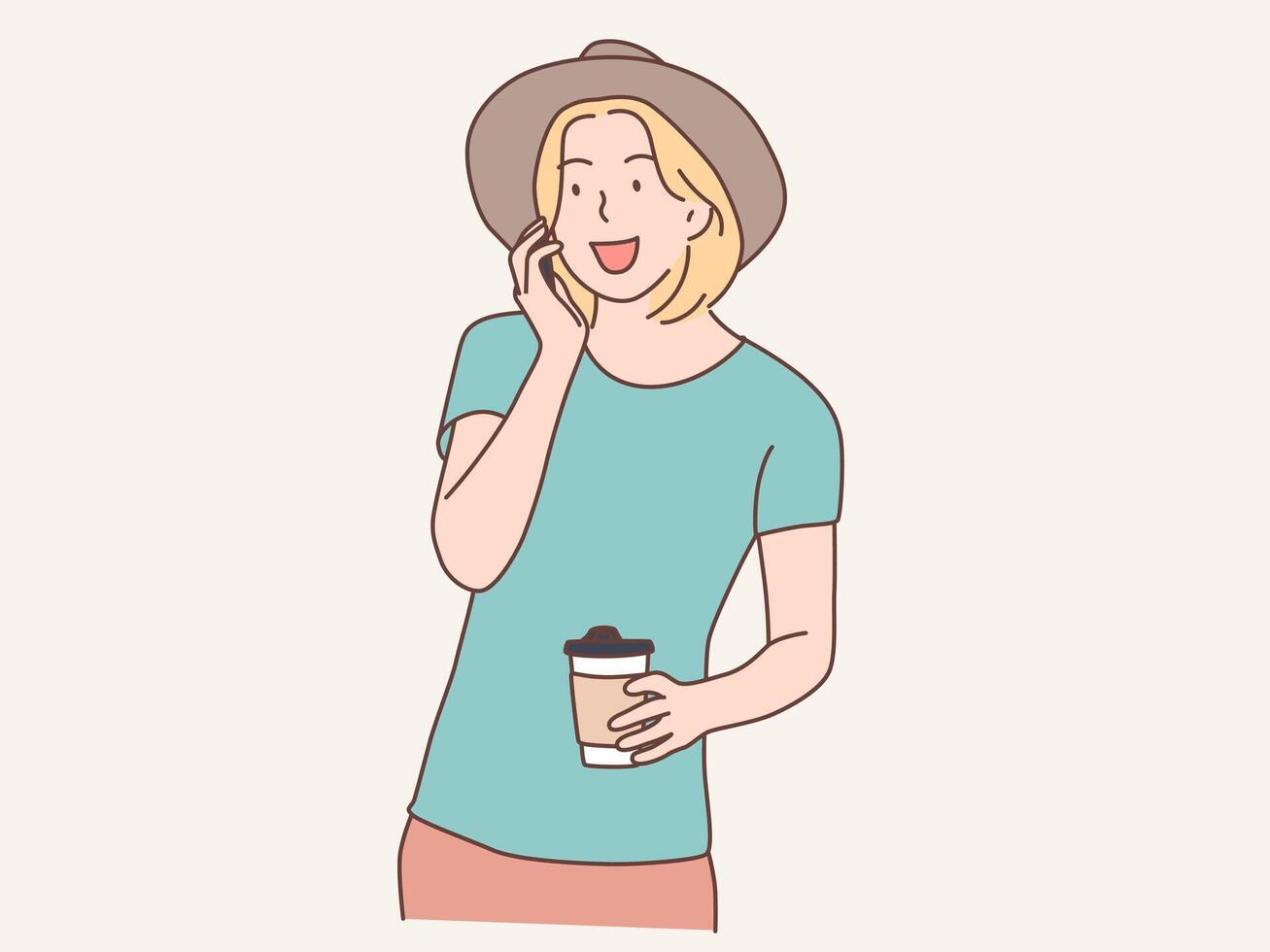 woman with smartphone and carrying coffee vector