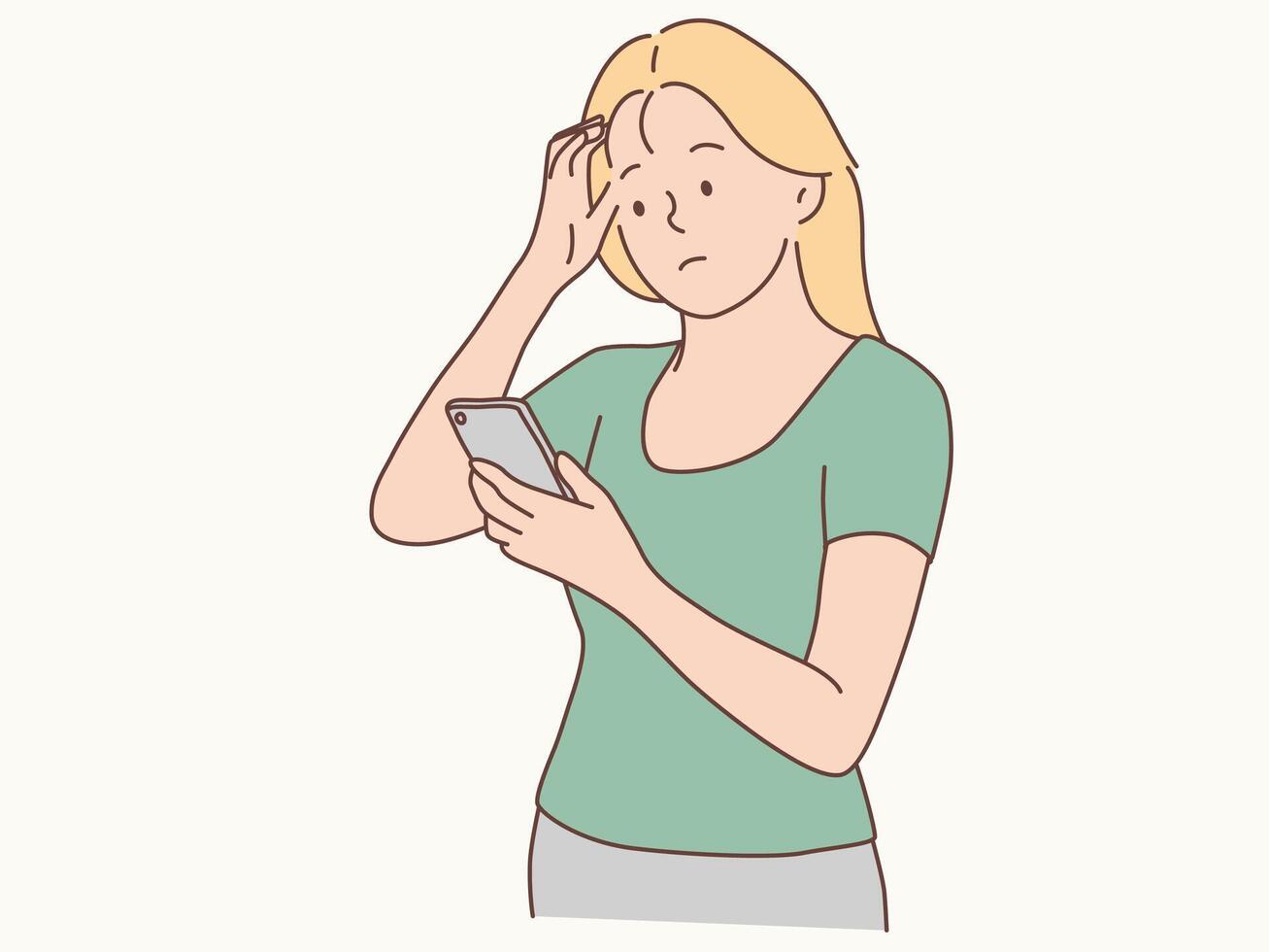 mujer pánico mirando a teléfono inteligente pantalla. vector ilustración