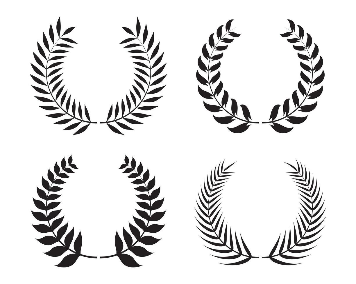 Set black silhouette circular winner laurel foliate vector, Emblem floral Greek branch flat style. wheat and oak wreaths depicting an award, achievement, heraldry, nobility on white background. vector