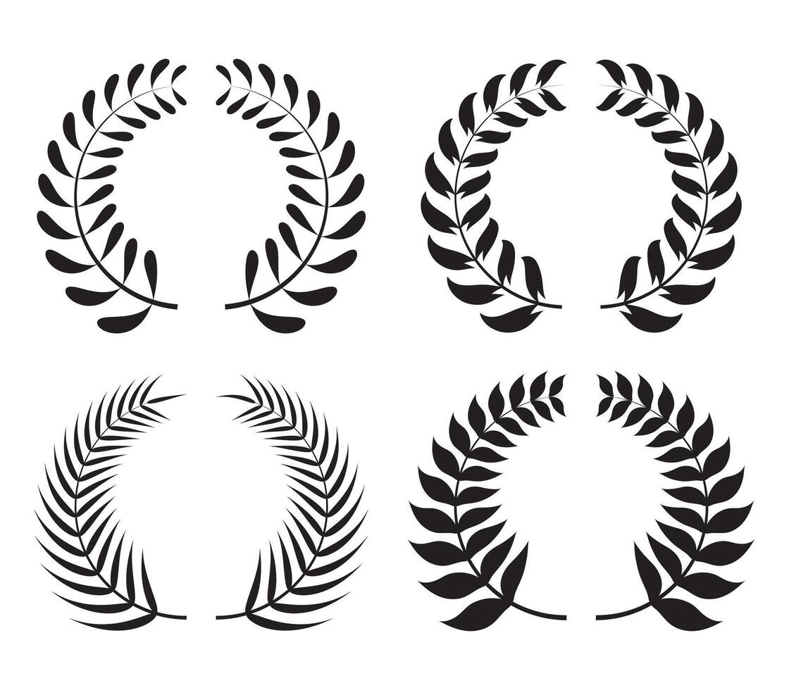 Set black silhouette circular winner laurel foliate vector, Emblem floral Greek branch flat style. wheat and oak wreaths depicting an award, achievement, heraldry, nobility on white background. vector