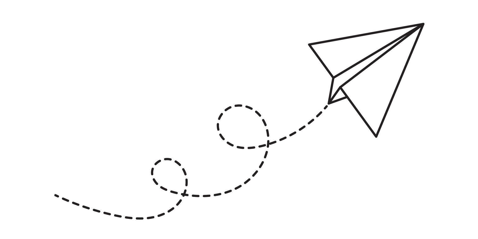 Paper plane with dotted line travel and route symbol in line style, Origami paper airplane, Black linear paper plane icon. vector
