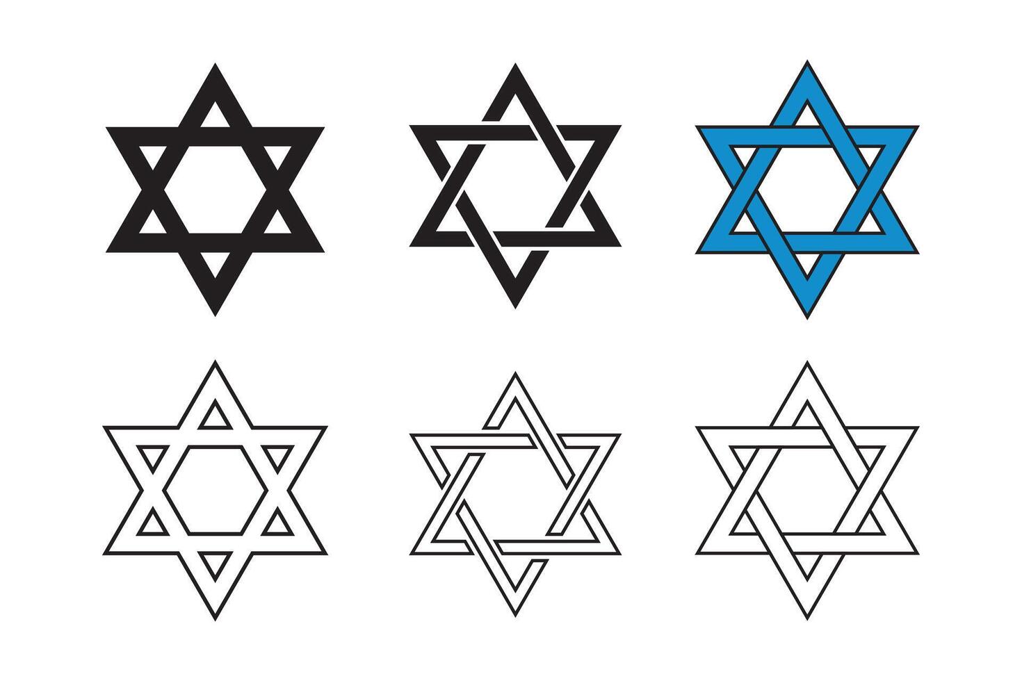 Star of David symbol. Jewish Israeli religious symbol. Judaism sign. Vector icon outline illustration in different style.