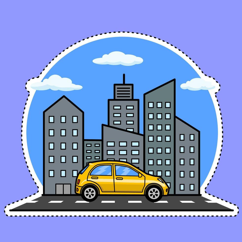 car in the city cartoon sticker vector