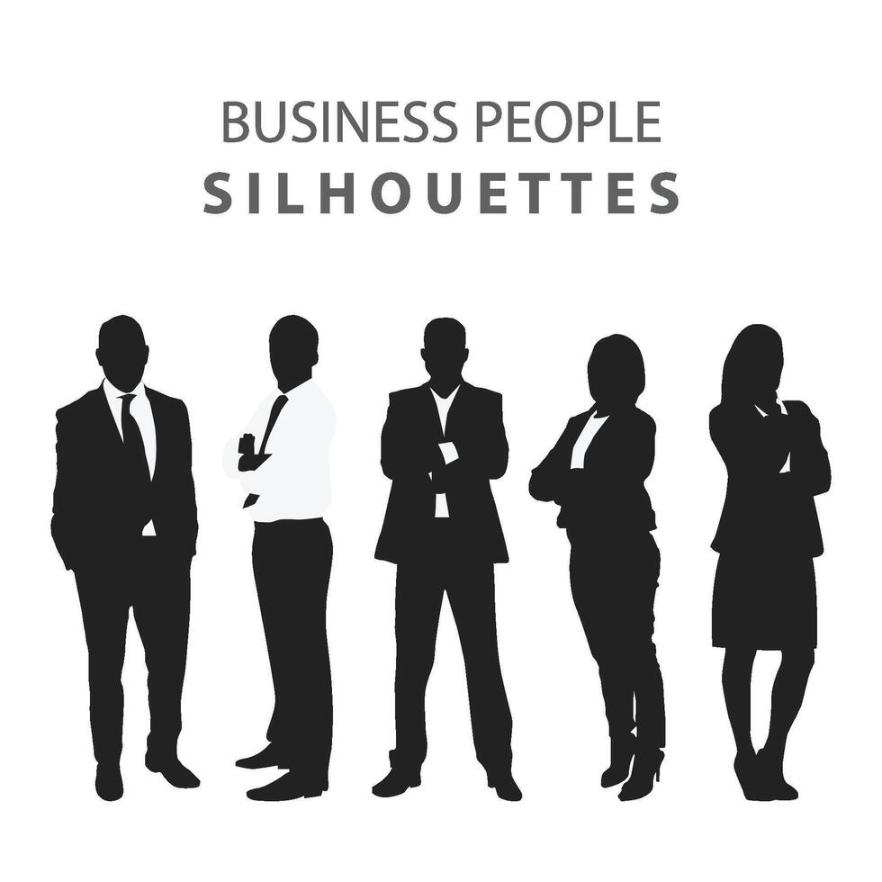 Vector silhouettes of men and a women, a group of standing business people