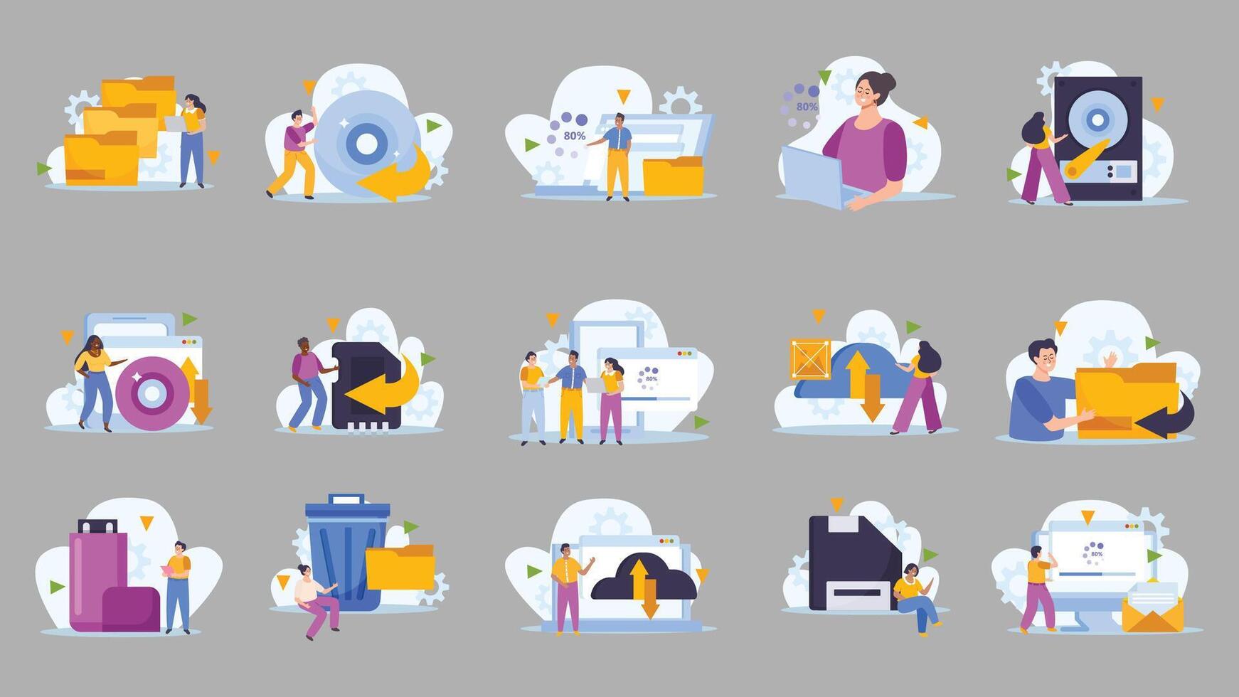 Backup and data recovery flat icons set. Flat vector concept of data recovery services. Backup data recovery set with hardware symbols and human characters
