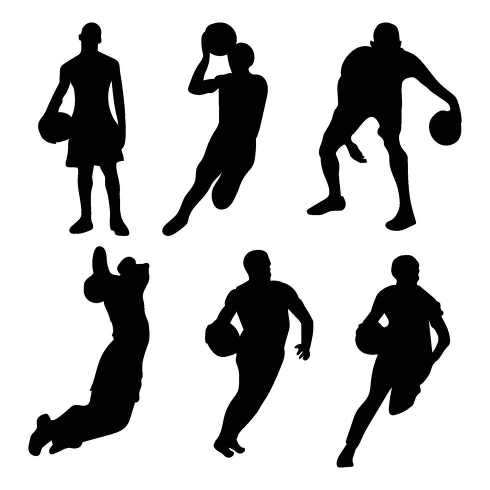 silueta baloncesto jugadores con diferente posa, gestos aislado en blanco antecedentes. vector