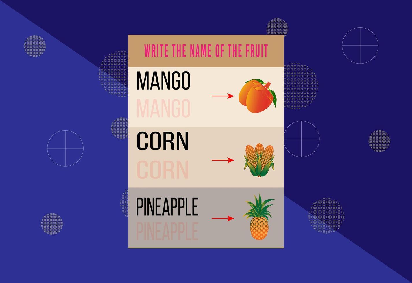 práctica escritura nombres de frutas escritura práctica para niños. vector