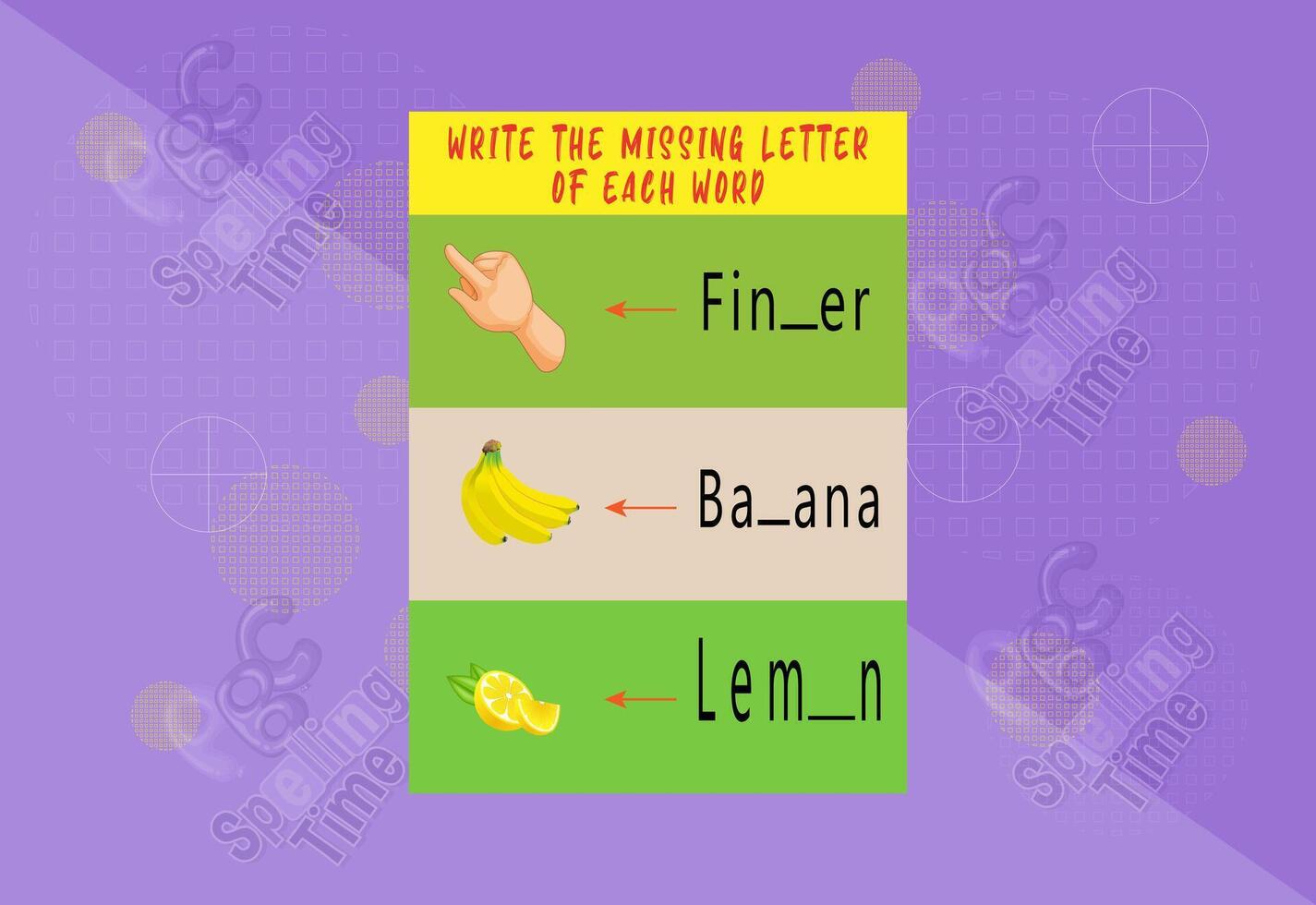 Fill letter of each word worksheet for for kids. Free Vector