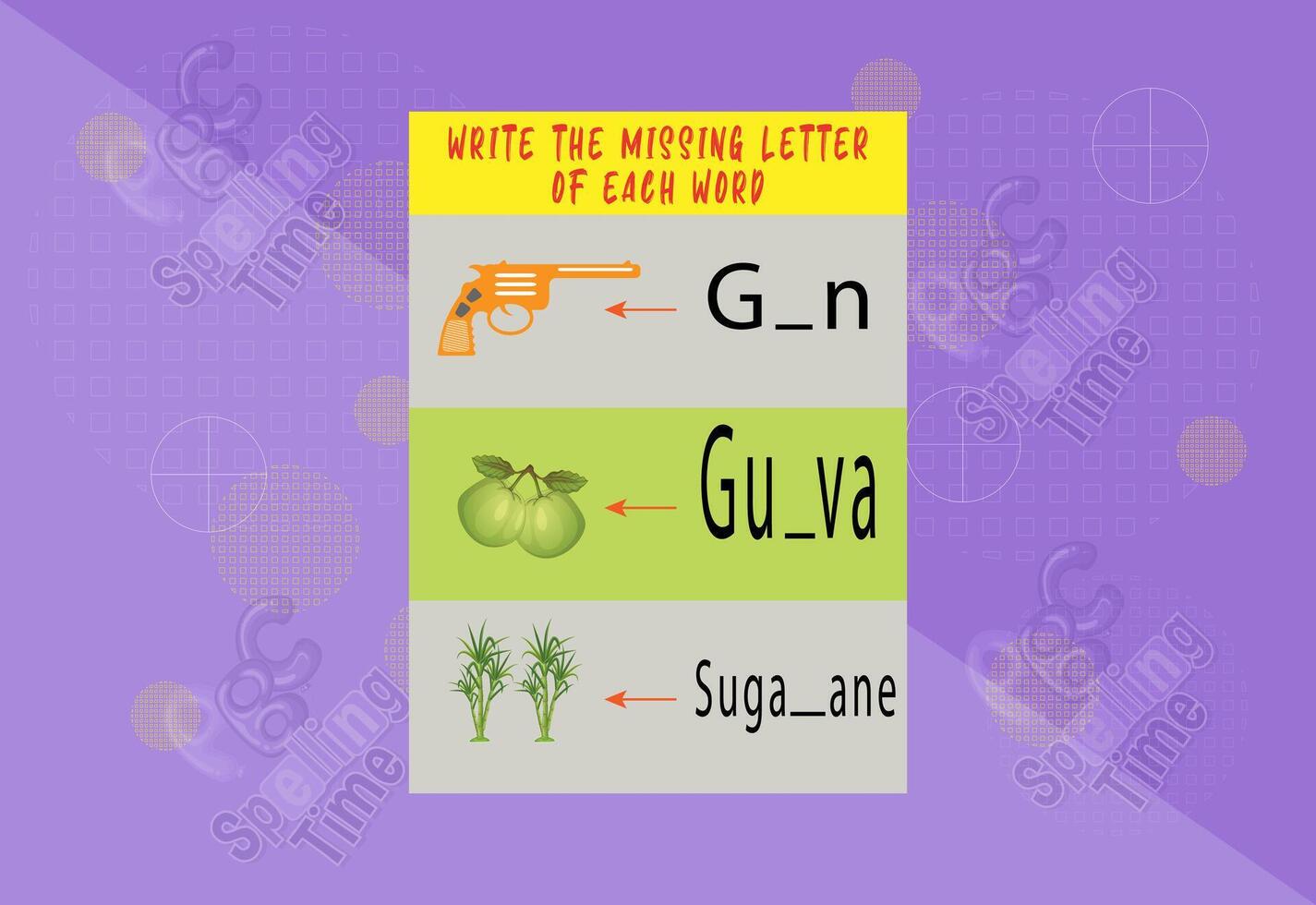 Fill letter of each word worksheet for for kids. Free Vector