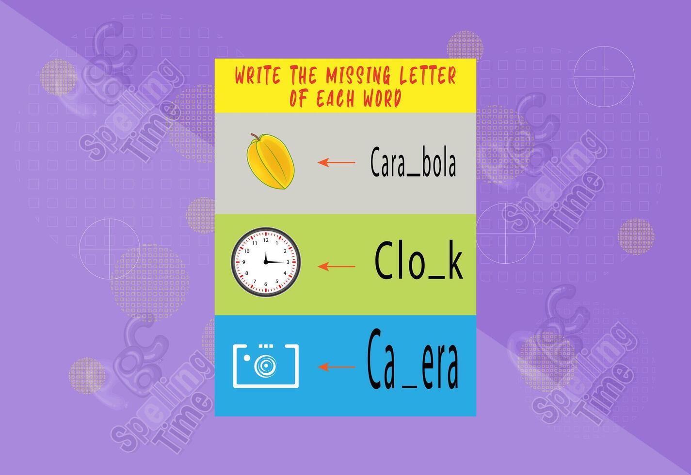 Fill letter of each word worksheet for for kids. Free Vector