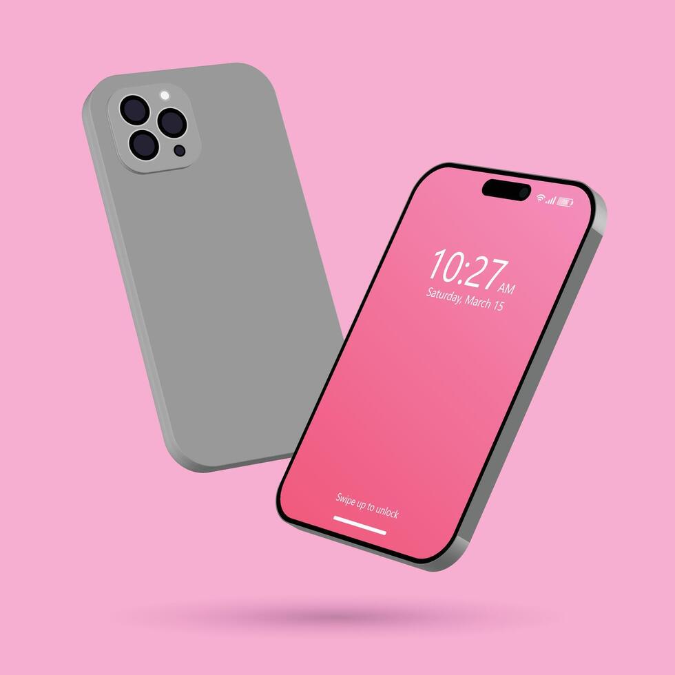 3d back and front view smartphone mockups. Cellphone frame with pink color screen isolated templates. 3d mobile phone device. vector