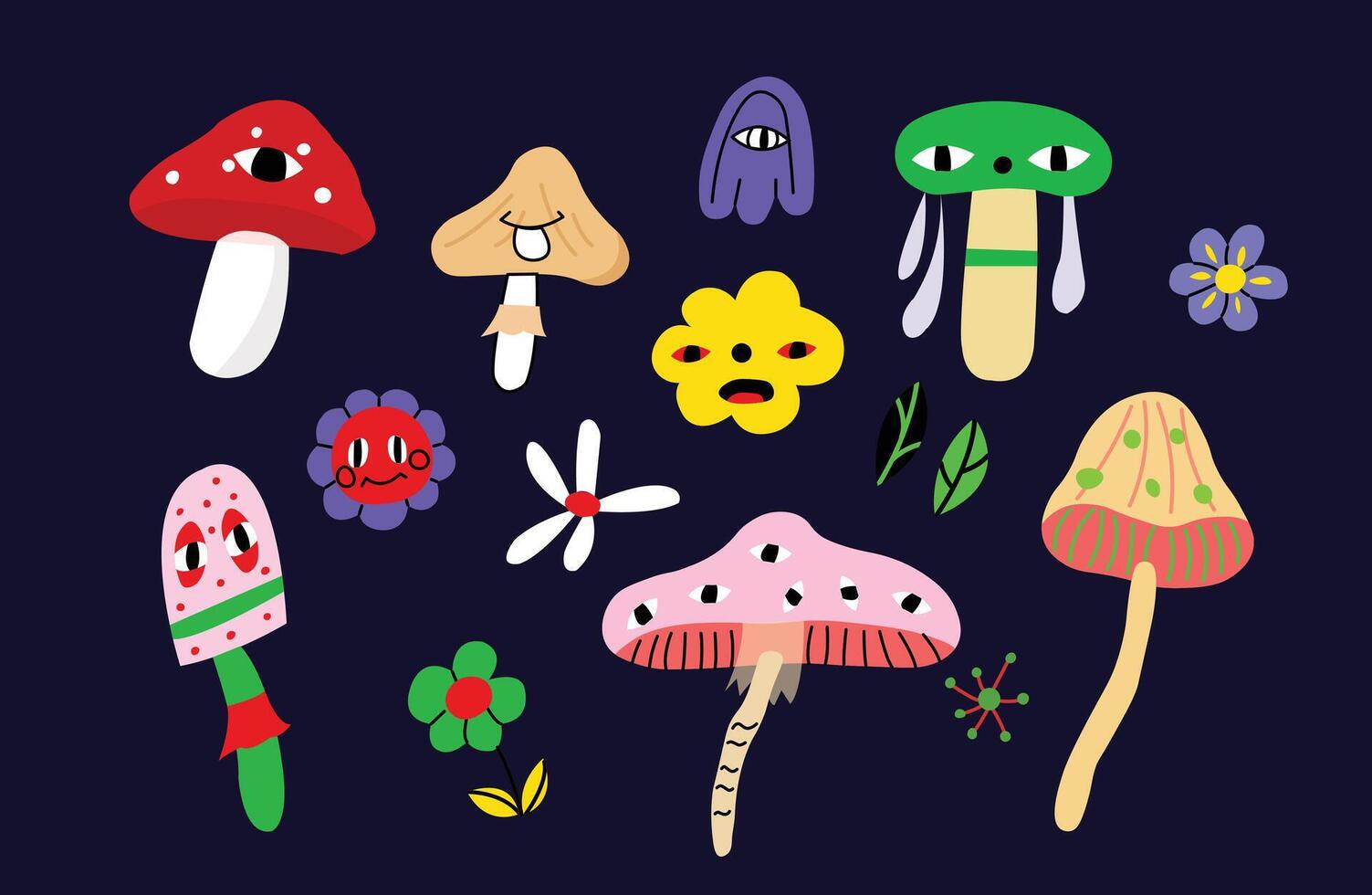 Acid y2k mushrooms set. 2000s style illustration on dark background. vector