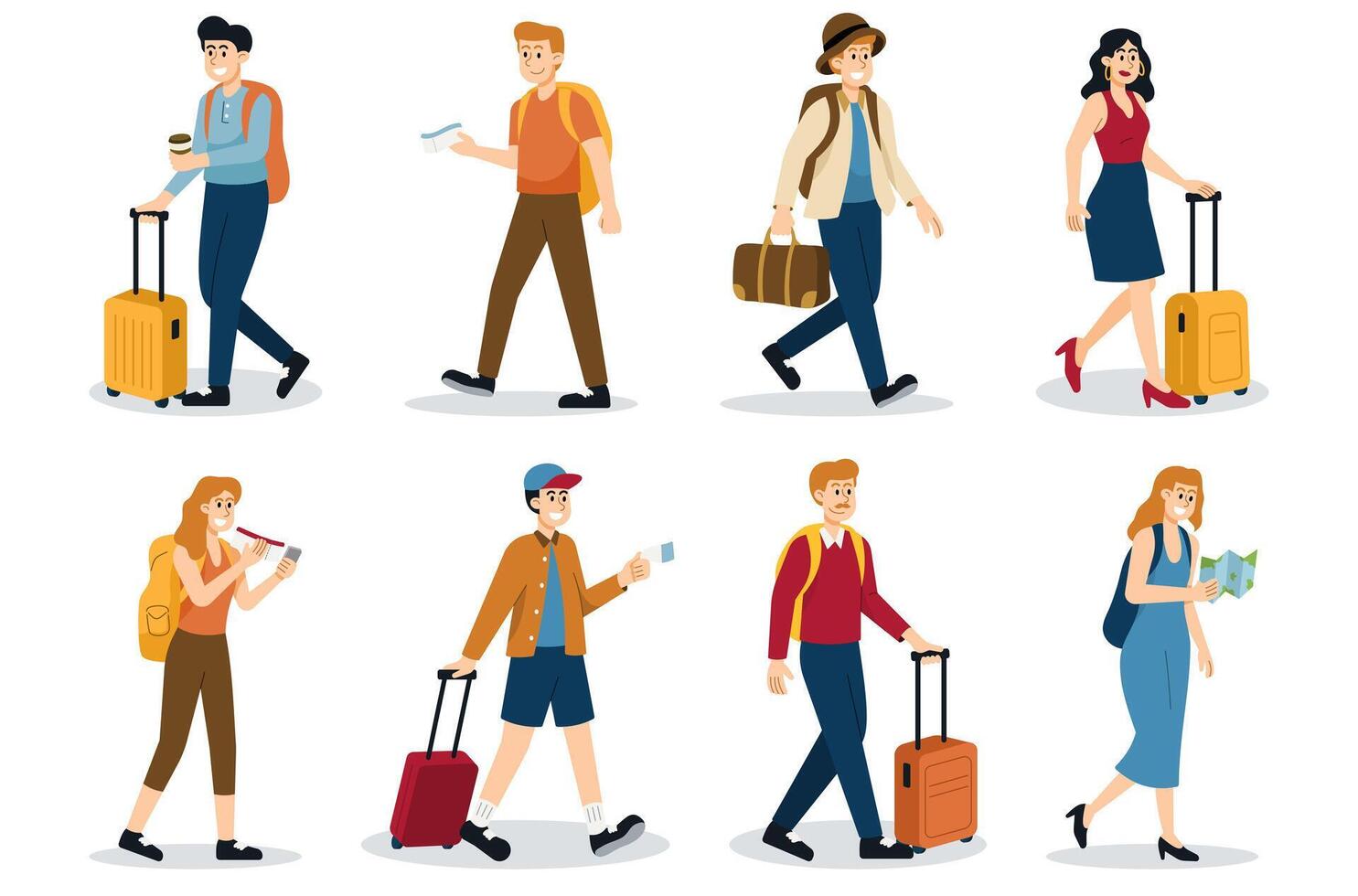Collection set of Tourist characters with backpack, bag, and suitcases. woman and man traveler vector