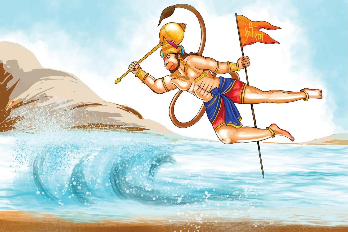 ilustración de señor Hanuman para Hanuman Jayanti festival tarjeta antecedentes vector